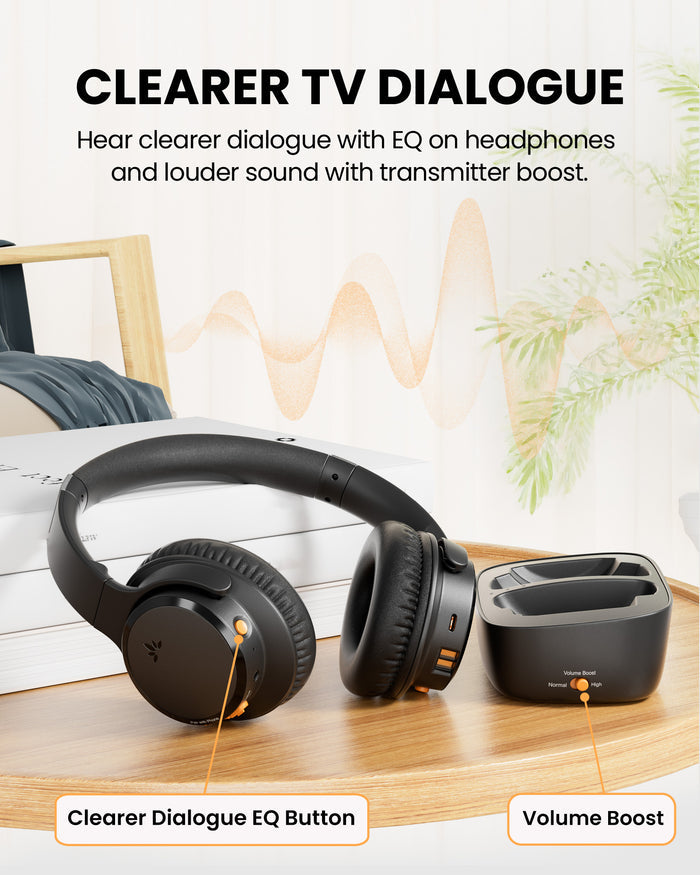 Ensemble Pro Senior-Friendly Wireless TV Headphones for shared bedrooms, with EQ feature clear dialogue and boosting volume for louder listening.