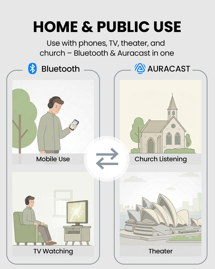 Eon Aura T Wireless Auracast TV Headphones, 2-in-1 Auracast and Bluetooth headphones for TV, church, theaters, and public listening.