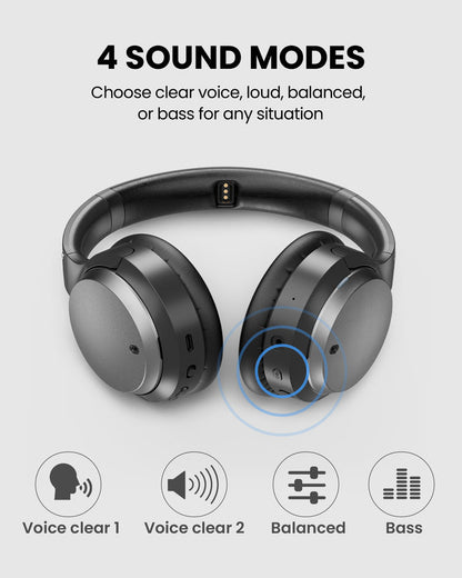 Eon Aura T Wireless Auracast TV Headphones, features 4 EQ modes: Clear Voice 1 & 2, Balanced, and Bass.