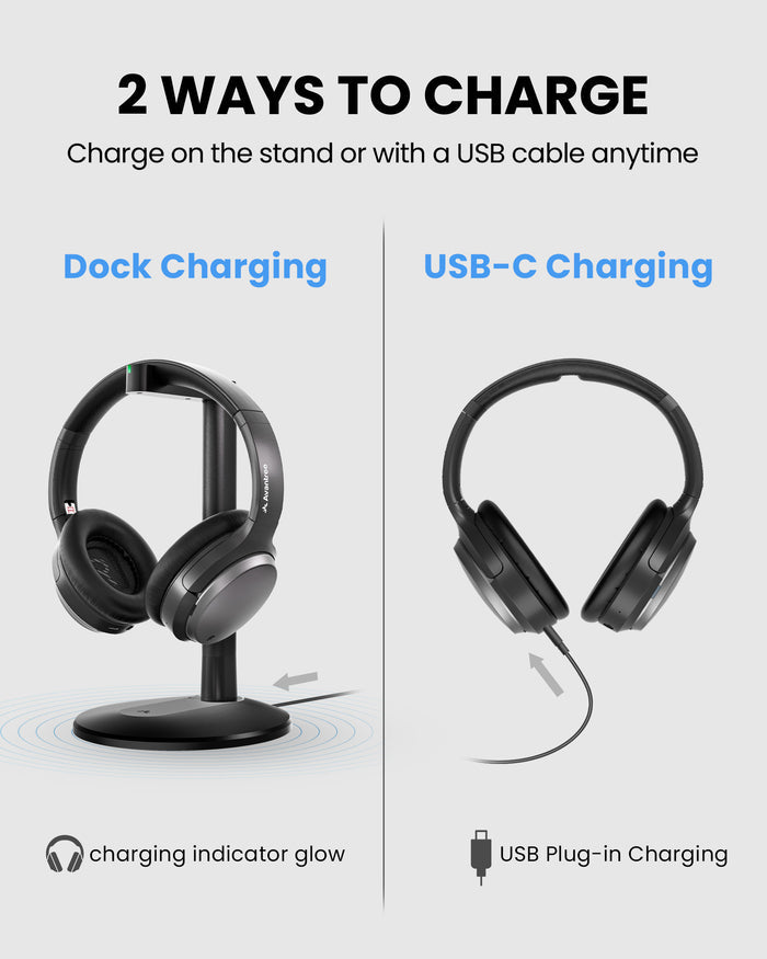 Eon Aura T Wireless Auracast TV Headphones, flexible charging with the included dock or USB-C cable