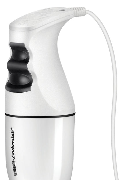 Der ESGE-Zauberstab 901205 Set M100 Design by ESGE Zauberstab ist ein weiß-schwarzer elektrischer Stabmixer mit Kabel, der über zwei schwarze Bedienknöpfe am Griff und ein schlankes, ergonomisches Design verfügt.