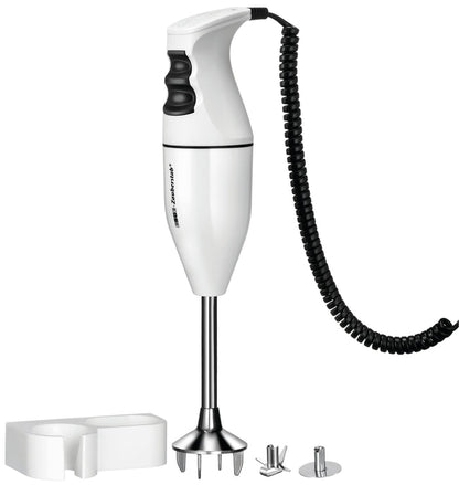 Der ESGE Zauberstab ESGE-Zauberstab 902105 Set E120 Select ist ein weißer Stabmixer mit schwarzem Spiralkabel, abgebildet mit Wandhalterung und zwei Klingenaufsätzen aus Metall auf weißem Hintergrund.