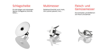 Drei ESGE-Zauberstab Bundle E 120 Select Anthrazit Aufsätze von Unold auf weißem Hintergrund: Schlagscheibe, Multimesser und Fleisch- und Gemüsemesser mit deutschen Aufschriften darüber.