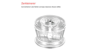 Das Unold ESGE-Zauberstab Bundle E 120 Select Anthrazit enthält einen Zerkleinerungsaufsatz aus durchsichtigem Kunststoff zum Hacken oder Mahlen von Gewürzen, Nüssen oder Kaffee - auf Deutsch: Zerkleinerer genannt.