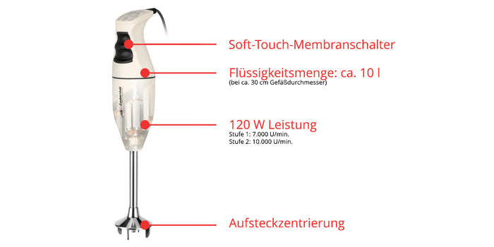 Der Unold ESGE-Zauberstab Bundle E 120 Select Creme Stabmixer verfügt über einen Soft-Touch-Membranschalter, ca. 10 Liter Fassungsvermögen, 120 Watt Leistung mit zwei Geschwindigkeiten (7.000 & 17.000 U/min) und einen Zentrieraufsatz.