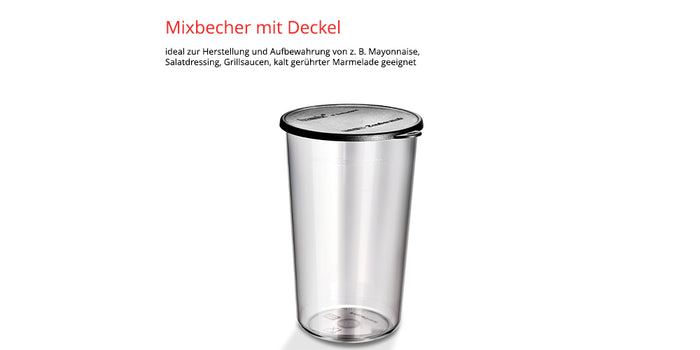 Der ESGE-Zauberstab Bundle E 120 Select Creme von Unold ist auf weißem Hintergrund abgebildet. Der deutsche Text darüber beschreibt ihn als idealen Mischbecher mit Deckel für die Zubereitung und Aufbewahrung von Saucen und Dressings.