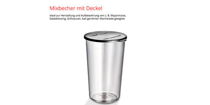 Der ESGE-Zauberstab Bundle E 120 Select Creme von Unold ist auf weißem Hintergrund abgebildet. Der deutsche Text darüber beschreibt ihn als idealen Mischbecher mit Deckel für die Zubereitung und Aufbewahrung von Saucen und Dressings.