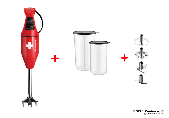 Der ESGE Zauberstab E 120 Design Rot 915101, ein roter Stabmixer mit Schweizer Flagge, wird mit zwei Messbechern mit transparentem Deckel und drei Messeraufsätzen aus Edelstahl geliefert; ESGE Zauberstab-Logo unten rechts abgebildet.