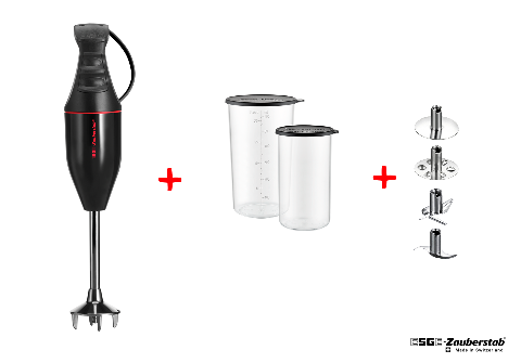 Der Stabmixer ESGE Zauberstab E 120 Design Schwarz 915201 wird mit einem Mixarm, zwei Mixbehältern mit durchsichtigem Deckel und drei Klingenaufsätzen aus Metall sowie Schildern zwischen den einzelnen Artikeln und dem ESGE-Zauberstab-Logo unten rechts abgebildet.