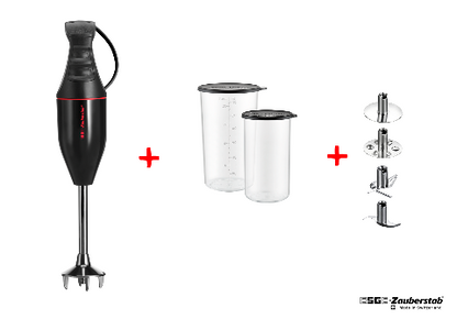 Der Stabmixer ESGE Zauberstab E 120 Design Schwarz 915201 wird mit einem Mixarm, zwei Mixbehältern mit durchsichtigem Deckel und drei Klingenaufsätzen aus Metall sowie Schildern zwischen den einzelnen Artikeln und dem ESGE-Zauberstab-Logo unten rechts abgebildet.