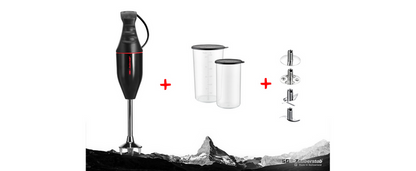 Der Stabmixer ESGE Zauberstab E 120 Design Schwarz 915201 von ESGE Zauberstab wird in Schwarz mit zwei Messbechern und drei abnehmbaren Messeraufsätzen auf weißem Hintergrund mit einer Berggrafik an der Unterseite angezeigt.