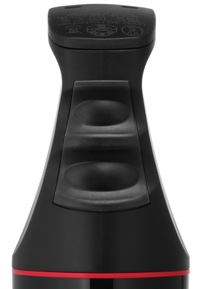 Nahaufnahme des ESGE Zauberstab E 120 Design Schwarz 915201, schwarzer Kunststoffgriff mit zwei eingedrückten Fingergriffen, Symbolen oben und einem roten Akzentband nahe der Basis.