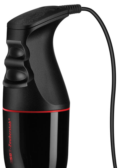 Nahaufnahme des ESGE Zauberstab E 120 Design Schwarz 915201, ein schwarzer Stabmixer von ESGE Zauberstab mit strukturiertem Griff, Netzkabel und rotem Akzent am unteren Rand.