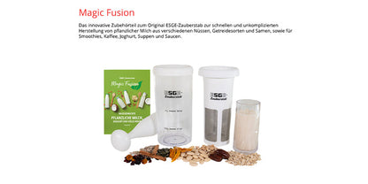 Der Unold ESGE-Zauberstab E 120 Select + Magic Fusion Anthrazit ist mit Zubehör wie Bedienungsanleitung, Mahlwerkzeug, Messbecher, Behälter, Sieb und verschiedenen Nüssen, Körnern und Samen auf einem weißen Hintergrund abgebildet.