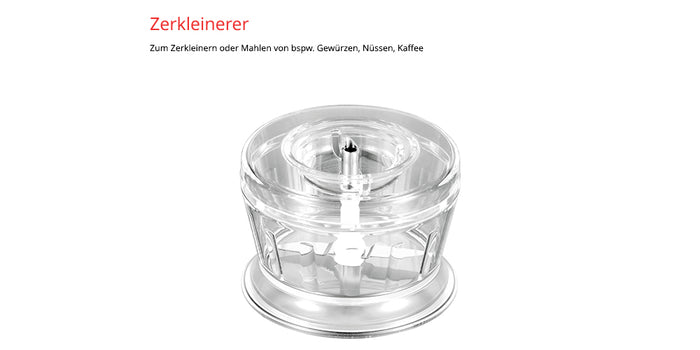 Der Unold ESGE-Zauberstab E 120 Select + Magic Fusion Anthrazit ist ein transparenter Zerkleinerer mit einer Metallklinge, ideal zum Hacken oder Mahlen von Gewürzen, Nüssen oder Kaffee. Der deutsche Text oben erklärt seine Funktionen.