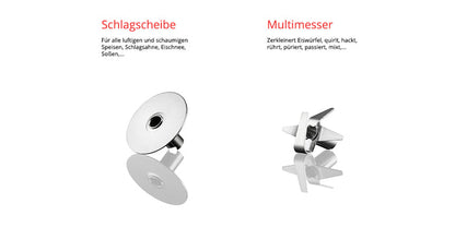 Das ESGE-Zauberstab E120 Select Premium-Set 902125 von ESGE Zauberstab beinhaltet eine Quirlscheibe für luftige Speisen und ein Multimesser zum Zerkleinern und Mixen, beides auf weißem Hintergrund abgebildet.