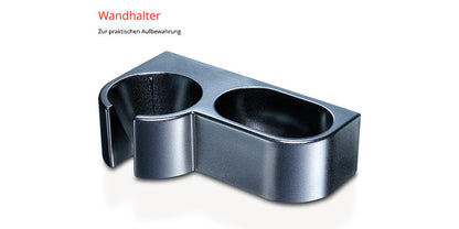 Das ESGE-Zauberstab E120 Select Premium-Set 902125 von ESGE Zauberstab ist ein schwarzer Wandhalter mit zwei Fächern, einem runden und einem rechteckigen, zur praktischen Aufbewahrung. Der deutsche Text oben lautet „Wandhalter“ und „Zur praktischen Aufbewahrung“.