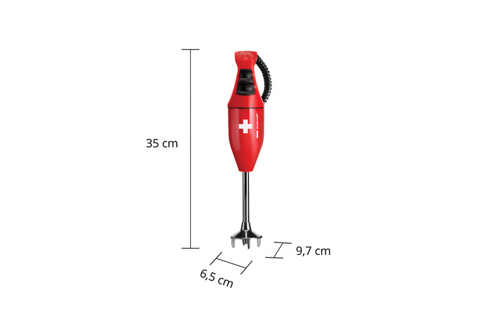 Das ESGE-Zauberstab E120 Select Premium-Set 902125, ein roter Stabmixer von ESGE Zauberstab mit Schweizer Kreuz-Logo, steht aufrecht und ist 35 cm hoch, am Griff 6,5 cm breit und am Mixende 9,7 cm breit.