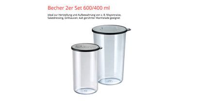 Das Bild zeigt ein Becher-Set der ESGE-Zauberstab-Serie mit einem 600-ml- und einem 400-ml-Becher, inklusive Deckel. Es ist ideal zur Herstellung von Salatdressings, Grillsaucen, kalt gerührter Mayonnaise und Cremelade, passend zu moderner Küchentechnik wie den UNOLD-Geräten (z. B. Toaster, Softeismaschine).