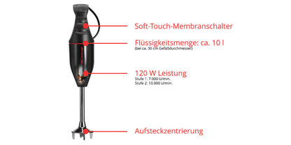 Das ESGE Zauberstab M100 Premium-Set 9142600 ist ein schwarzer Stabmixer mit deutschsprachiger Ausstattung: Soft-Touch-Membranschalter, ca. 10 L Flüssigkeitsfassungsvermögen, 120 W Leistung mit zwei Geschwindigkeitsstufen und Steckzentrierung.