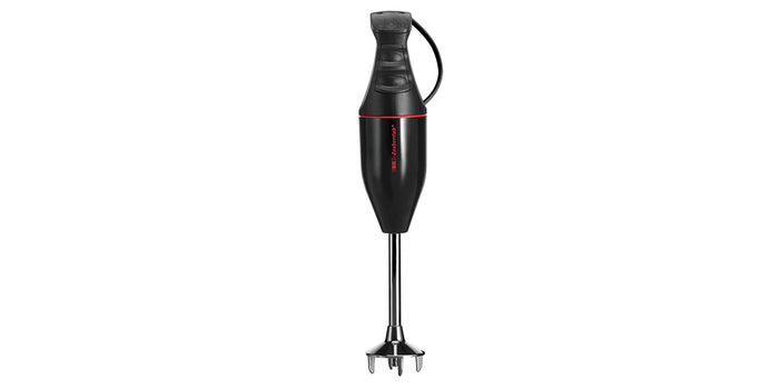 Das ESGE Zauberstab M100 Premium-Set 9142600 ist ein schwarzer Stabmixer von ESGE Zauberstab mit einem Mixstab aus Edelstahl und einer Griffschlaufe zum Aufhängen.