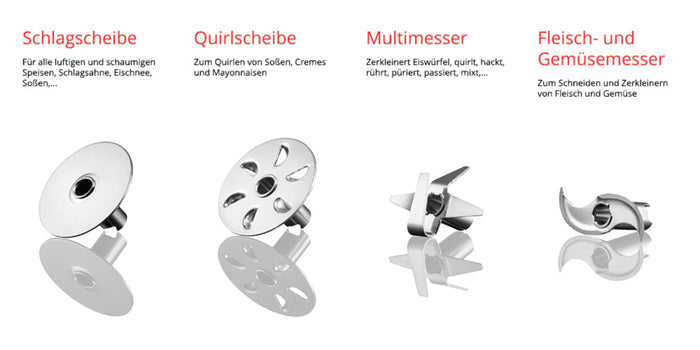 Das ESGE Zauberstab M100 Premium-Set 9142600 verfügt über vier beschriftete Metallaufsätze – Schneebesenscheibe, Mixscheibe, Multimesser und Fleisch- und Gemüsemesser – mit deutschen Funktionsbeschreibungen und Schatten darunter.