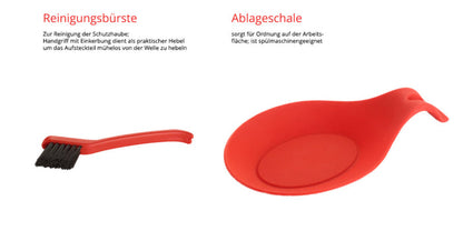 Links ist eine kleine schwarze Reinigungsbürste mit rotem Griff zu sehen, rechts ein roter Löffelhalter mit gebogenem Griff. Beide sind als Teil des ESGE Zauberstab M100 Premium-Sets 9142600 von ESGE Zauberstab abgebildet und werden mit deutschem Text zur Verwendung erklärt.