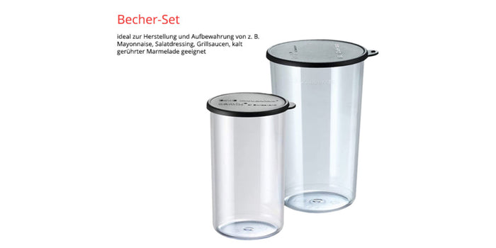 Das ESGE Zauberstab M100 Premium-Set 9142600 von ESGE Zauberstab beinhaltet zwei transparente Kunststoffbehälter mit schwarzem Deckel in unterschiedlichen Größen, ideal zum Aufbewahren von Mayonnaise, Salatdressing, Soßen oder Marmelade.