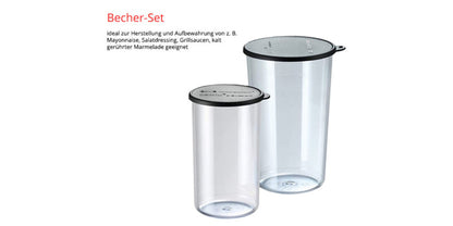 Das ESGE Zauberstab M100 Premium-Set 9142600 von ESGE Zauberstab beinhaltet zwei transparente Kunststoffbehälter mit schwarzem Deckel in unterschiedlichen Größen, ideal zum Aufbewahren von Mayonnaise, Salatdressing, Soßen oder Marmelade.