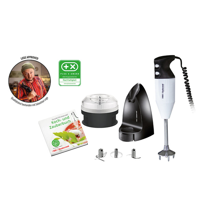 Der Unold ESGE-Zauberstab® Petticoat Edition ist ein schwarz-weißes Stabmixer-Set mit drei Aufsätzen, einer Zerkleinererschüssel, einem Ständer, einem Rezeptbuch und einem Kochabzeichen.