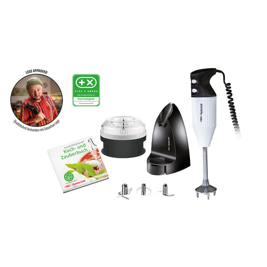 Der Unold ESGE-Zauberstab® Petticoat Edition ist ein schwarz-weißes Stabmixer-Set mit drei Aufsätzen, einer Zerkleinererschüssel, einem Ständer, einem Rezeptbuch und einem Kochabzeichen.