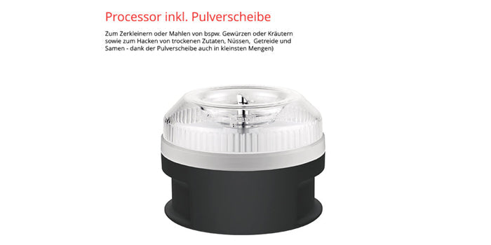 Der Unold ESGE-Zauberstab® Petticoat Edition verfügt über einen kompakten Prozessoraufsatz mit transparentem Deckel und schwarzem Boden, inklusive einer Pulverscheibe zum Mahlen oder Zerkleinern kleiner Mengen trockener Zutaten wie Gewürze, Nüsse, Körner oder Samen.