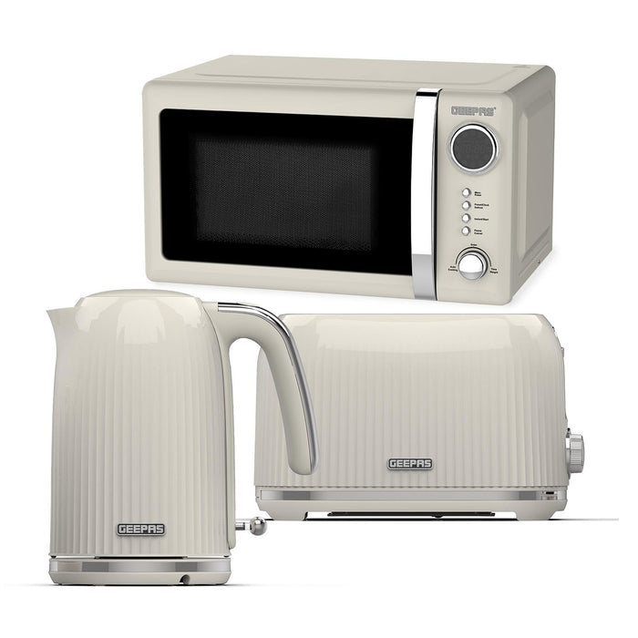 Geepas matching cream kitchen set including fluted kettle, toaster, and microwave.