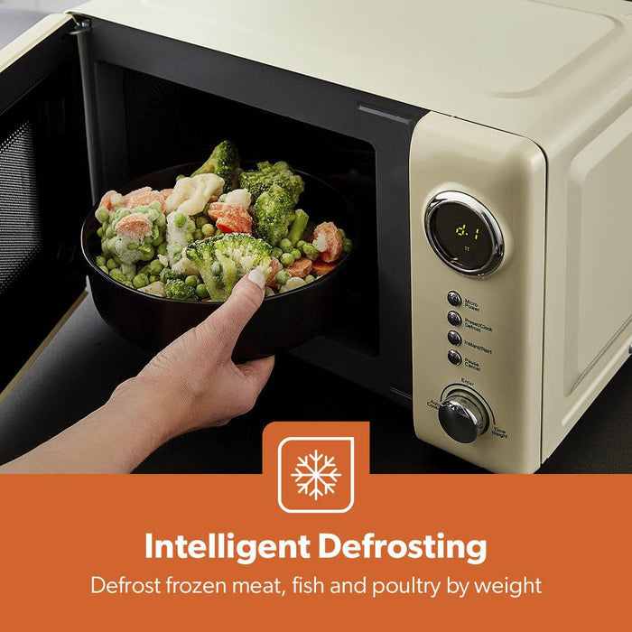 20L digital microwave in cream with fluted styling and LED display.