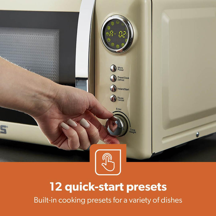 20L digital microwave in cream with fluted styling and LED display. Showing off the 12 quick-start presets.