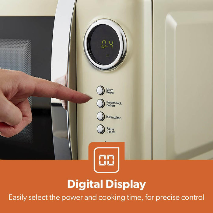 Hand pressing a button on a microwave with digital display and text about precise control.