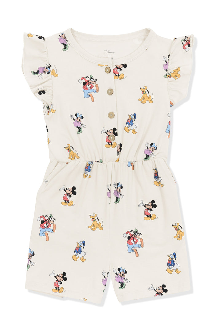 Flutter Sleeve Romper with Mickey Mouse and Friends print on an oat background