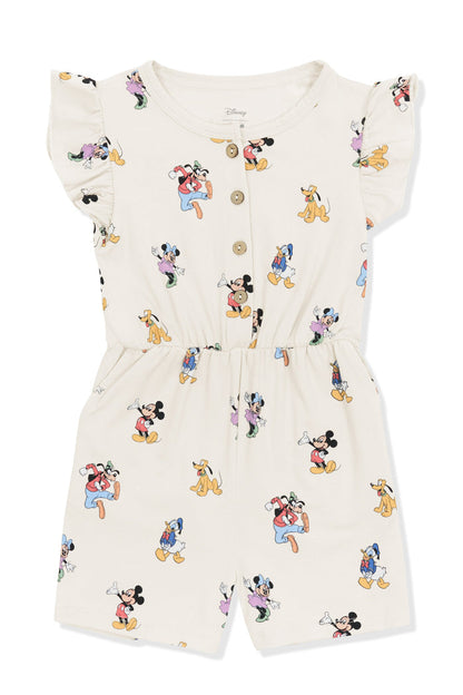 Flutter Sleeve Romper with Mickey Mouse and Friends print on an oat background