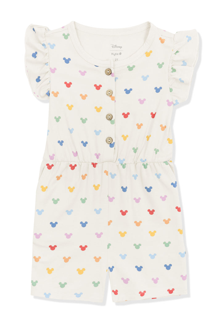 Flutter Sleeve Romper with Pastel Mickey Mouse pattern on an oat background