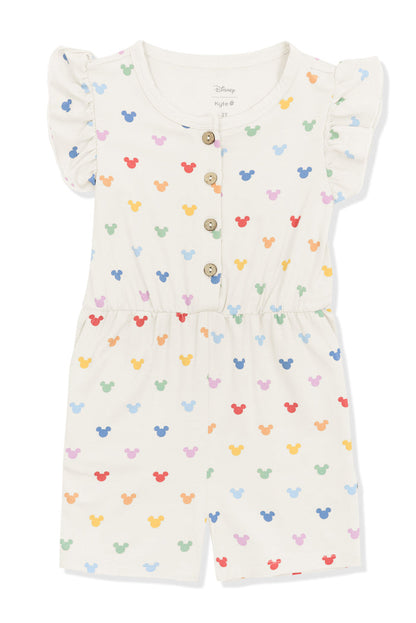 Flutter Sleeve Romper with Pastel Mickey Mouse pattern on an oat background