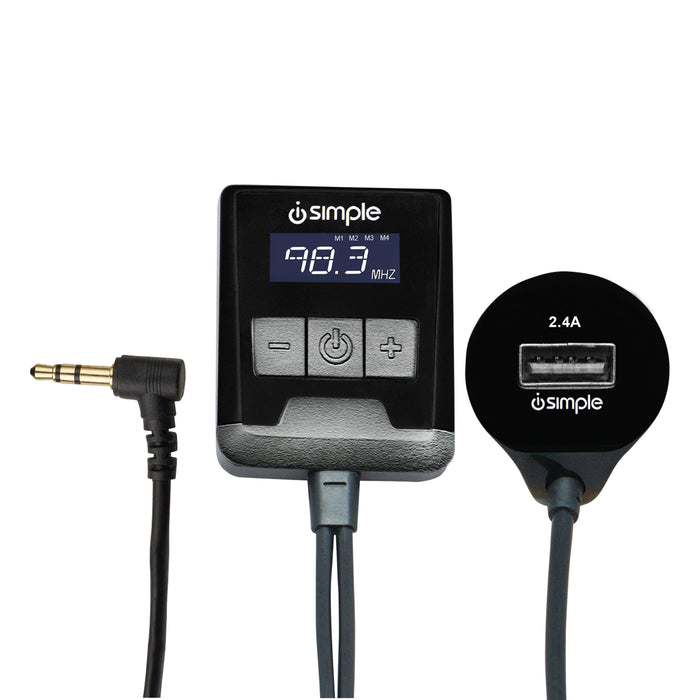 FM transmitter with 3.5mm audio jack and USB charging port