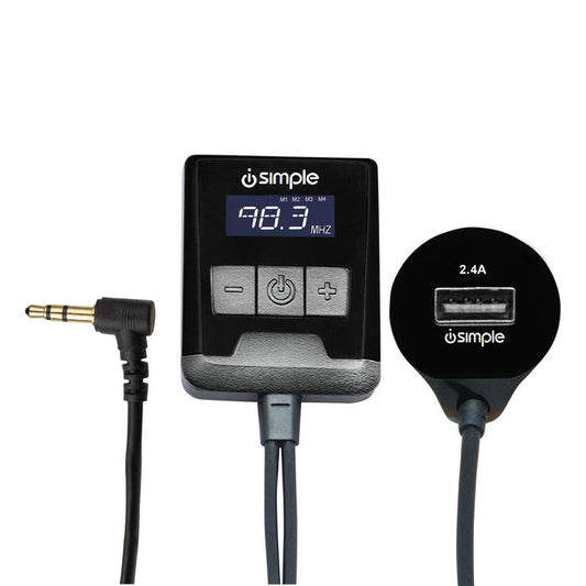 FM transmitter with 3.5mm audio jack and USB charging port