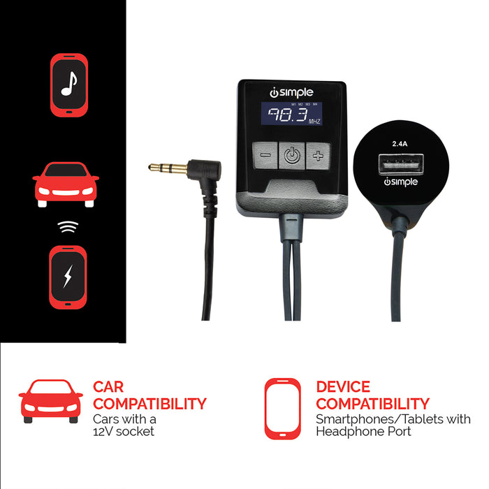 FM transmitter with 3.5mm jack and USB charging port showing car and device compatibility