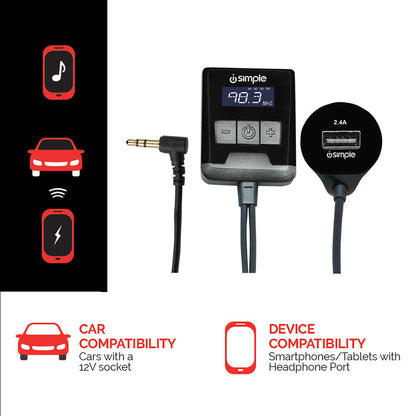 FM transmitter with 3.5mm jack and USB charging port showing car and device compatibility