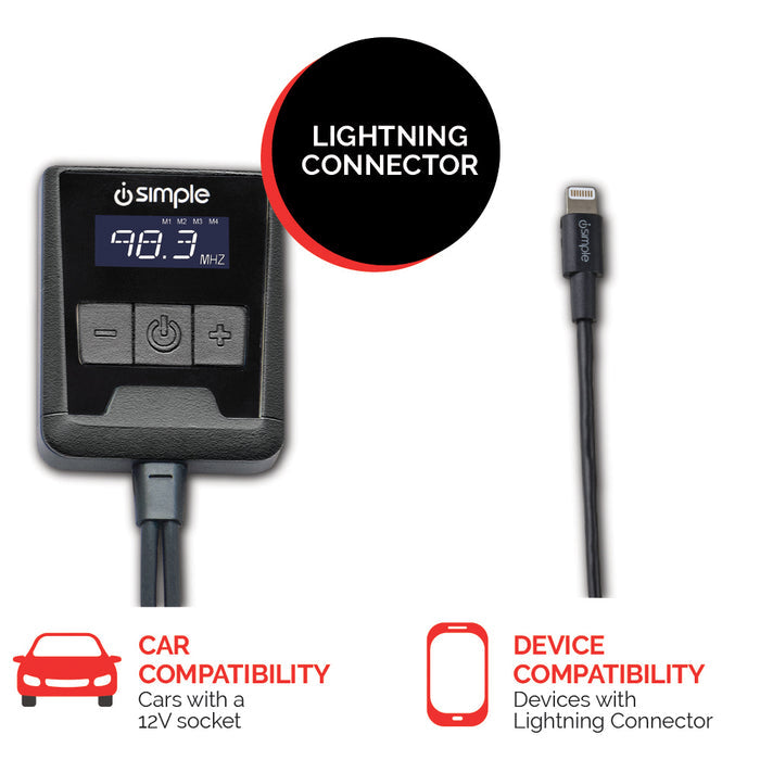FM transmitter with Lightning connector cable showing car and device compatibility