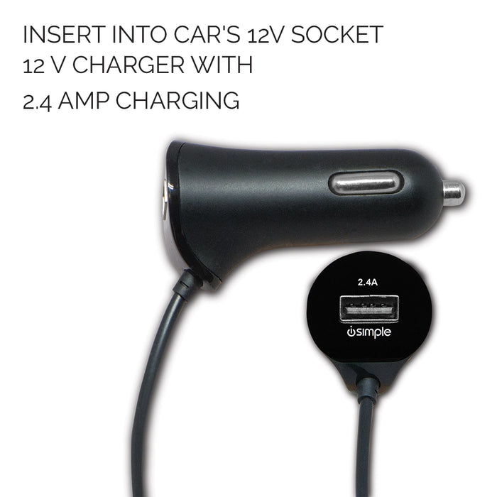 Black car charger with a USB port and attached cable
