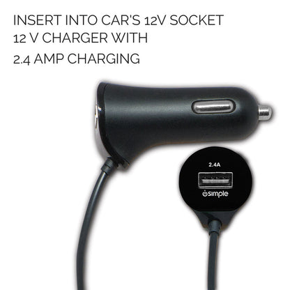 Black car charger with a USB port and attached cable