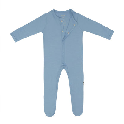 Kyte Baby Snap Footie in Slate unsnapped partially from the top