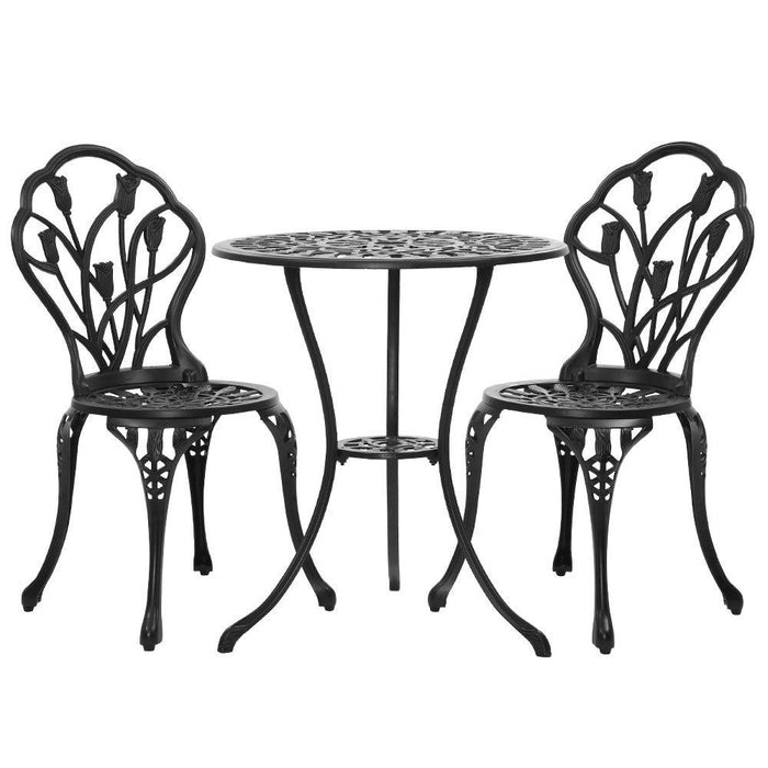 Gardeon 3PC Outdoor Setting Cast Aluminium Bistro Table Chair Patio Black -Home Living Store - -