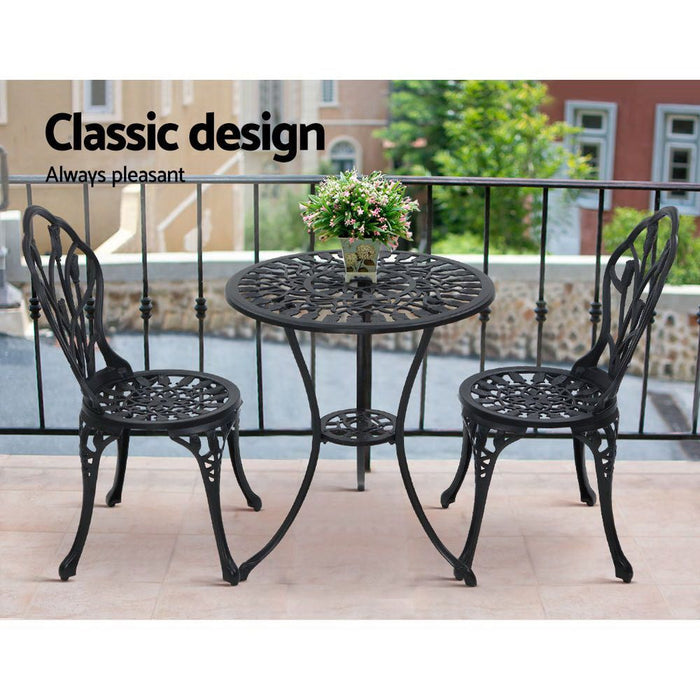 Gardeon 3PC Outdoor Setting Cast Aluminium Bistro Table Chair Patio Black -Home Living Store - -